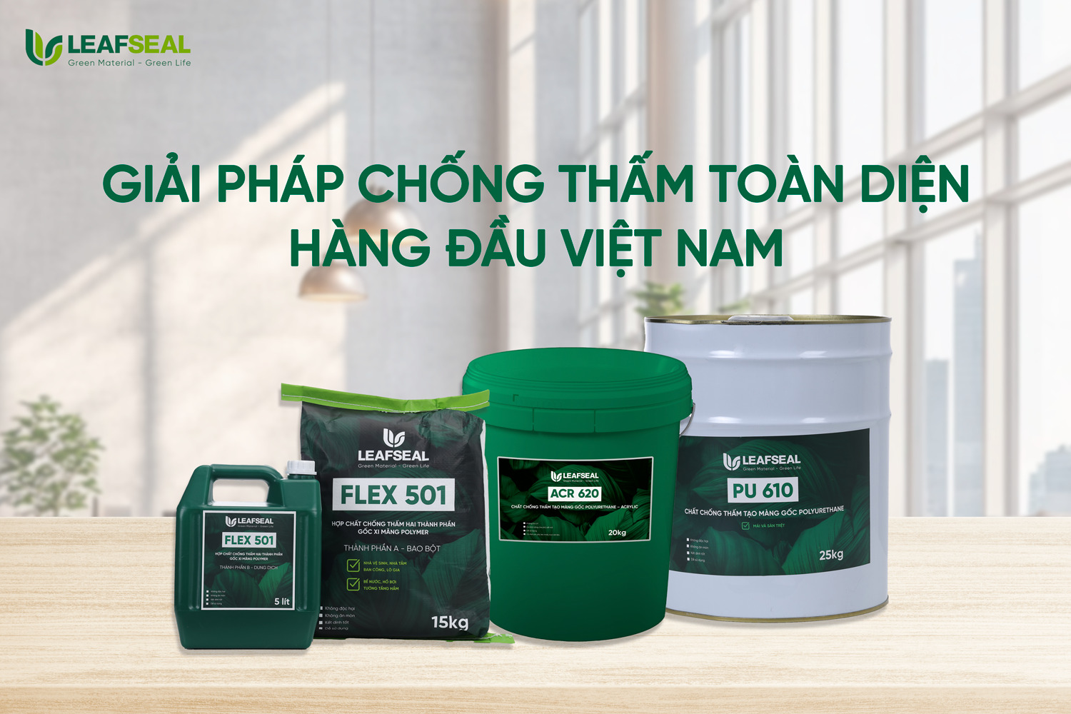 Các sản phẩm chống thấm LeafSeal sẽ được ứng dụng tốt cho nhiều khu vực như Nhà vệ sinh, nhà tắm, ban công, bể nước, bể bơi, hố thang mái, bồn hoa, vách hầm, các khu vực landscape,